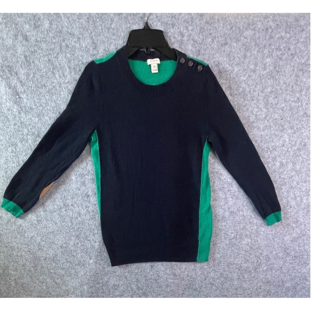 J.Crew Womens Navy Green Colorblock Elbow Patch Button Shoulder Sweater XS